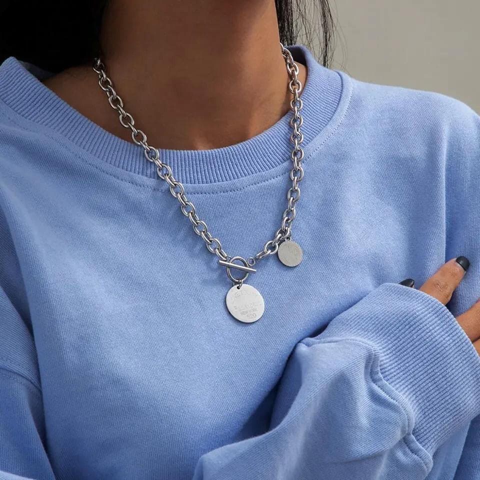 Vintage Cuban Coin Pendant, Hip Hop Stainless Steel Silver Color Lariat Necklace, Metal Toggle Clasp Chain Necklace, Chunky Chain OT Clasp Necklace, Men Women Coin Chain Necklace Pendant Vintage Cuban Coin Pendant, Hip Hop Stainless Steel Silver Color Lariat Necklace, Metal Toggle Clasp Chain Necklace, Chunky Chain OT Clasp Necklace, Men Women Coin Chain Necklace Pendant